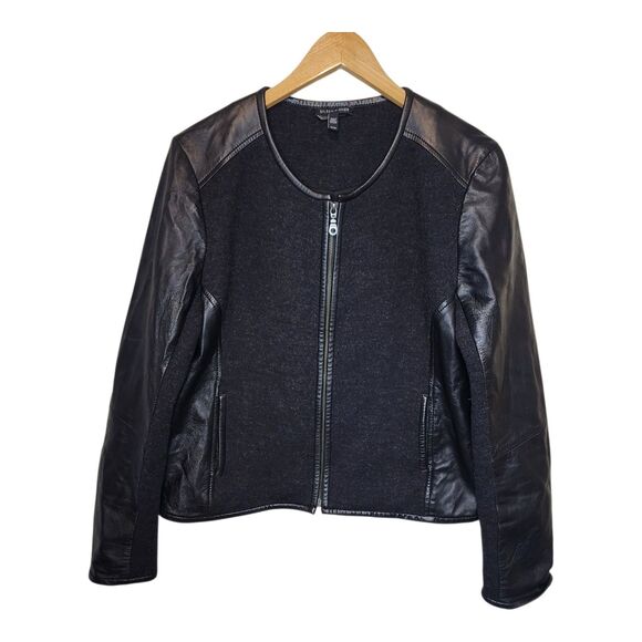 Eileen Fisher Jacket Black Leather Wool Womens Medium Silk Lined Full Zip - Picture 1 of 16